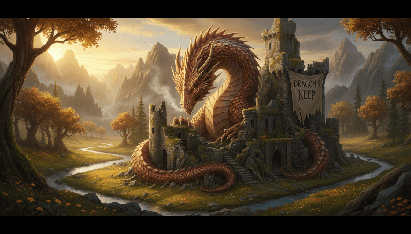 Majestic dragon wrapped around castle ruins in a fantasy landscape
