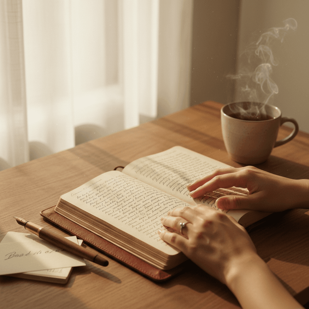 Notes scribbled in a journal surrounded by fantasy paperbacks and warm fairy lights