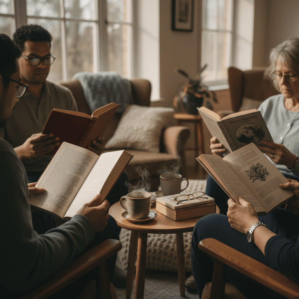 Romantasy readers around a table in a cozy London bookshop, chatting and holding books