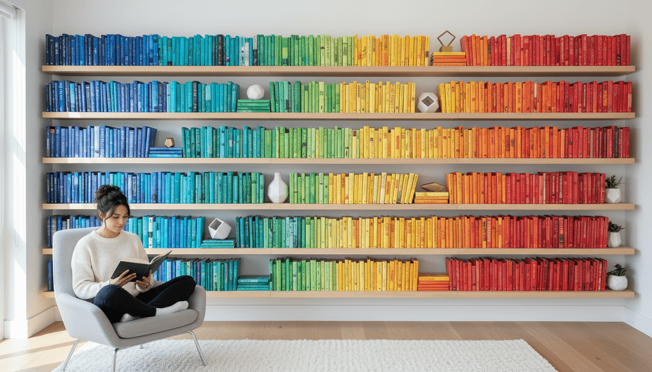 Shelf full of fantasy books with small dragon figurines in a cozy reading corner