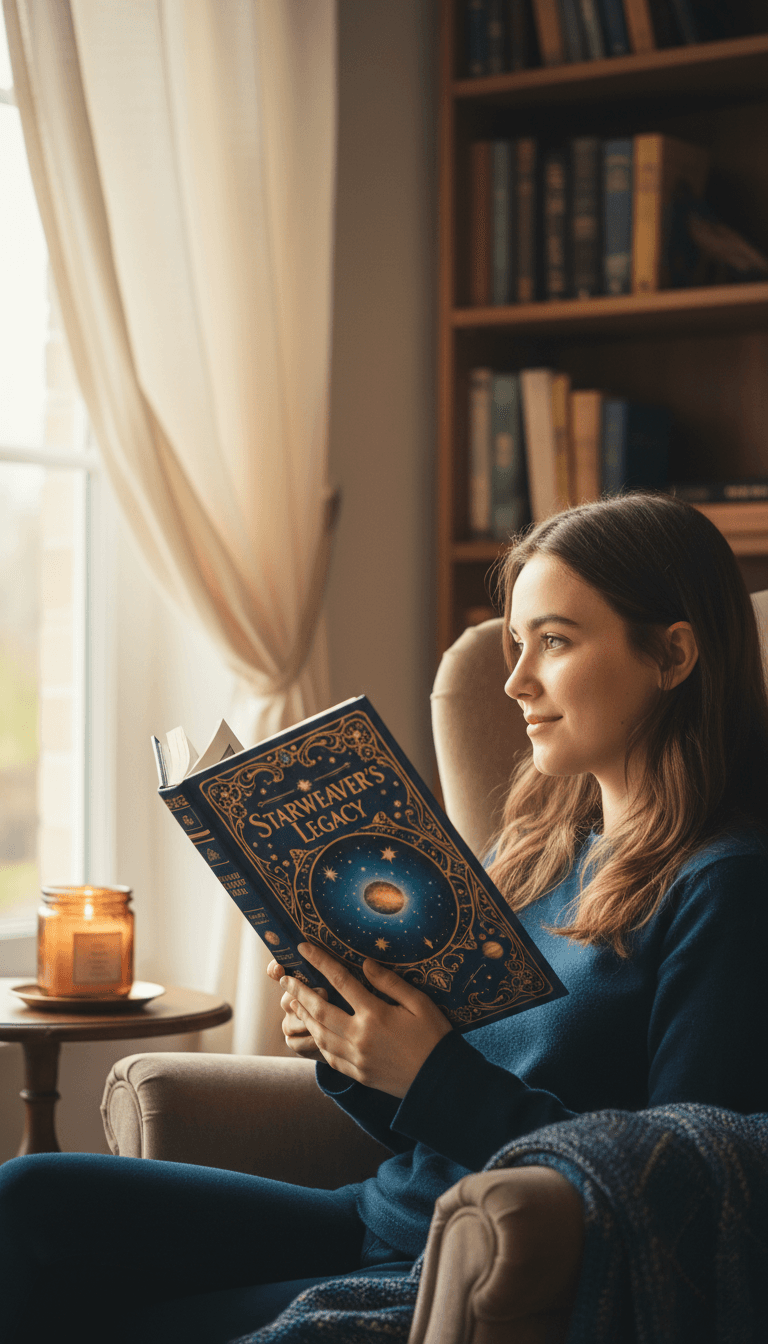 Fantasy dragon perched on ancient books in a mystical library with warm candlelight