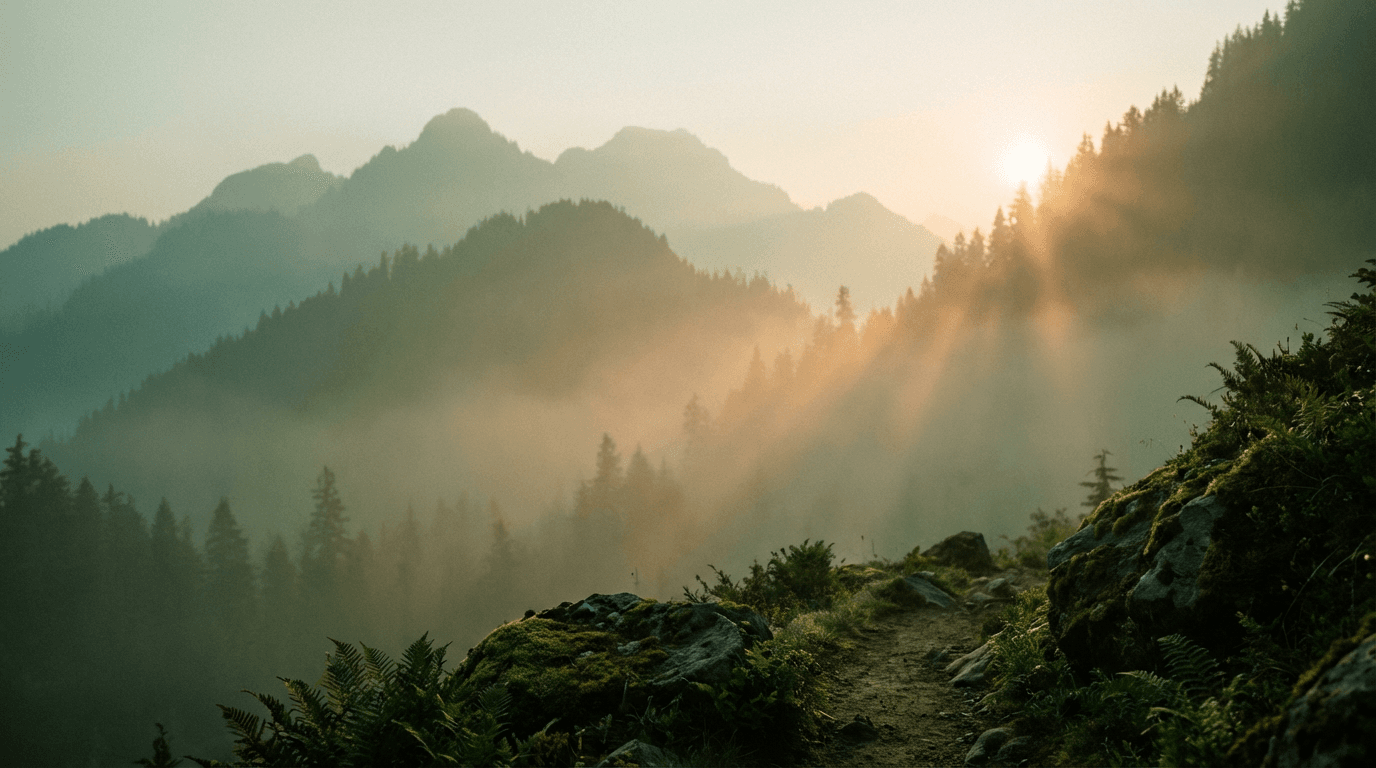 A majestic dragon perched on ancient castle ruins overlooking misty mountains at sunset