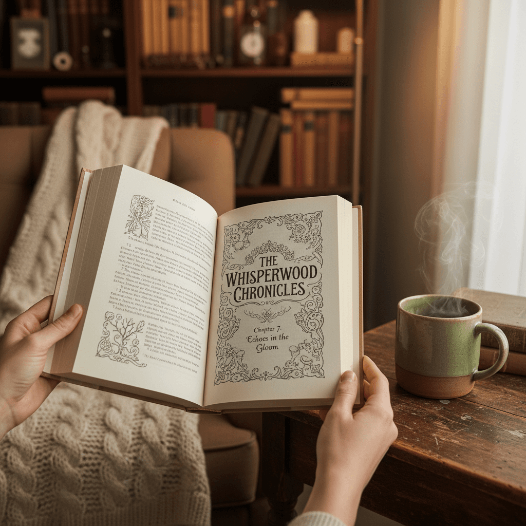 Hands holding an open fantasy novel beside a mug of tea on a rustic wooden table
