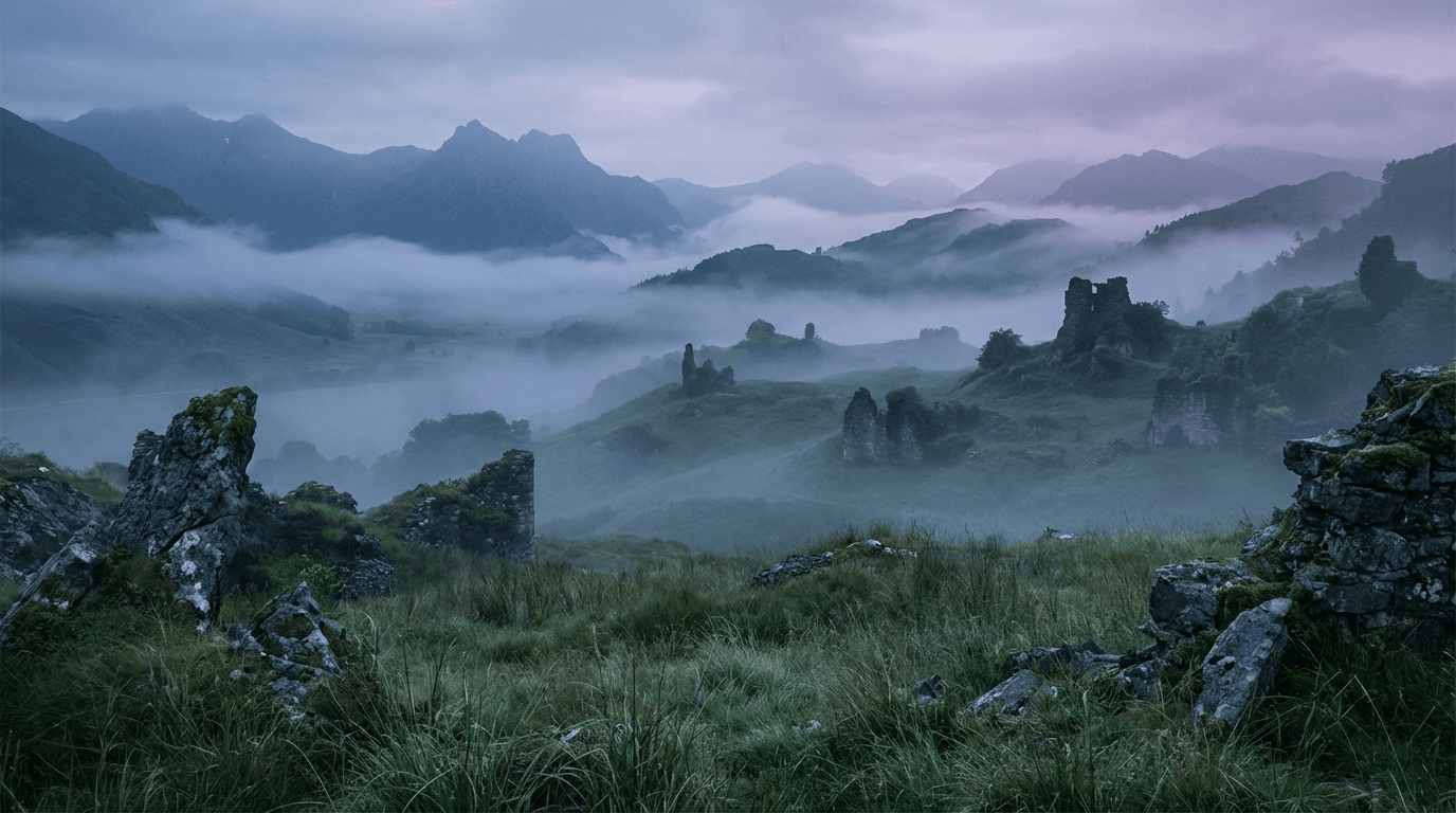 Majestic dragon perched on ancient castle ruins at twilight, wings spread, in a misty fantasy landscape with warm golden light